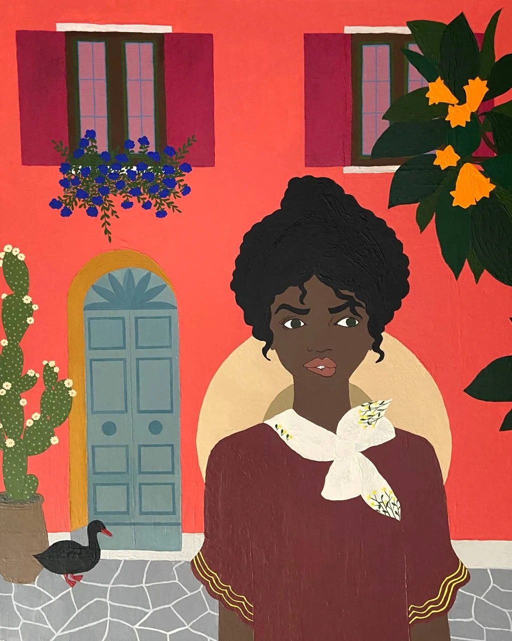 Tuscan Mood — a woman in a vivid coral Italian courtyard